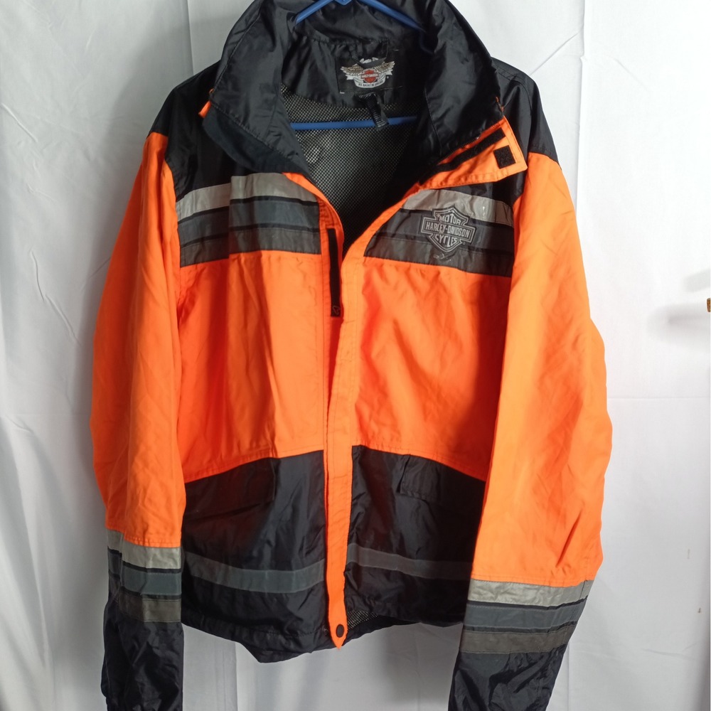 Harley-Davidson Mens Orange Black Reflective Rain Jacket Size Medium H-DMC